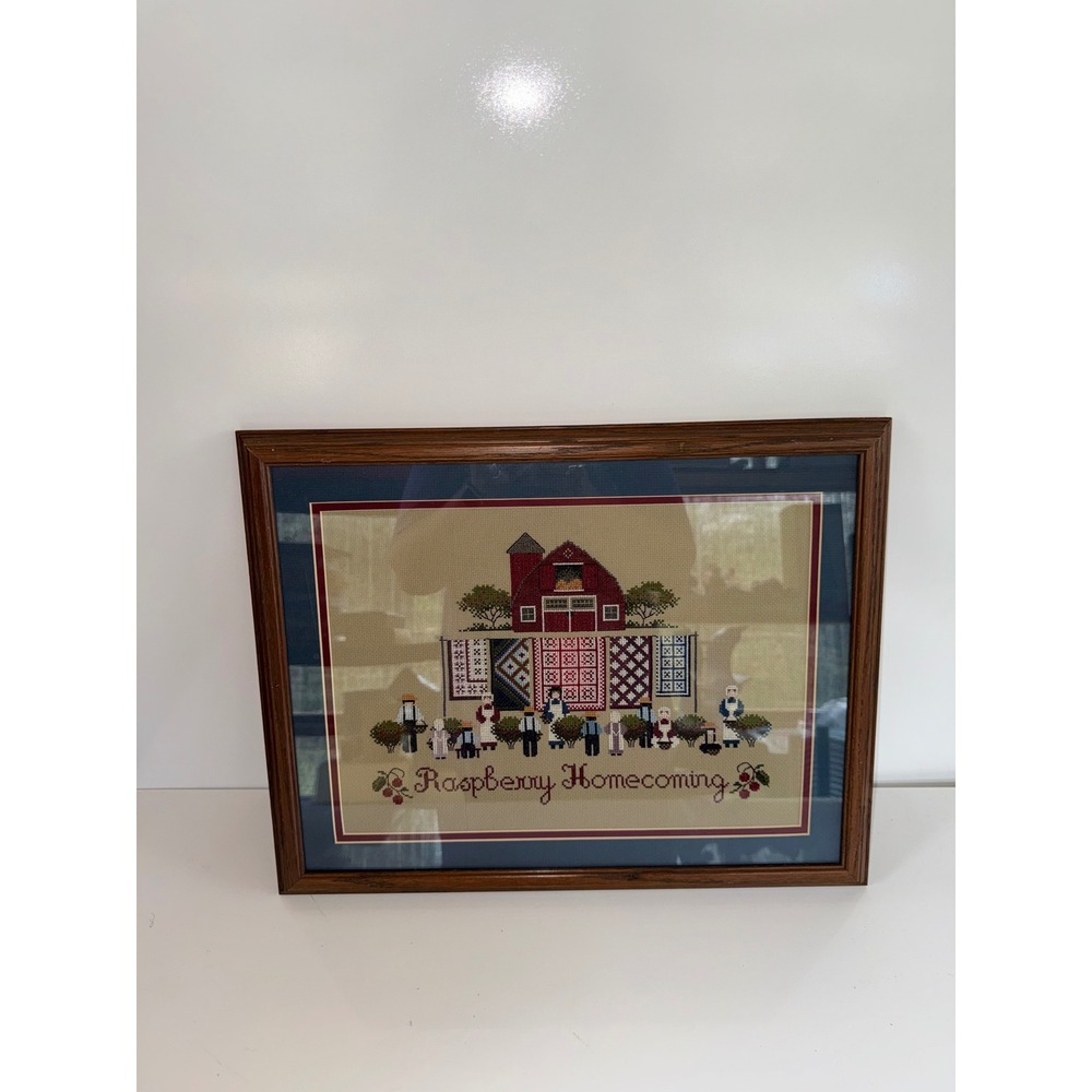Raspberry Homecoming Framed Cross Stitch Folk Art Barn Quilt Primitive Decor